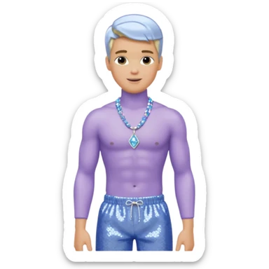 Ken from Barbie with blonde hair, perwinkle sequin baggy pants, shirtless with necklace  sticker