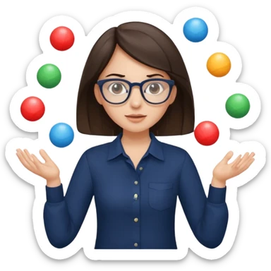 a brunette girl in a navy shirt wearing glasses is  juggling  with two hands  sticker