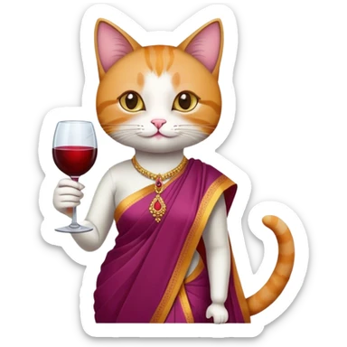 Cat wearing saree and wine bottle in one and wine glass in another hand sticker