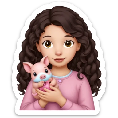 Ragazza bellissima capelli lunghi scuri con piccolo maialino sticker