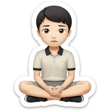 A cartoon young Asian boy with short black hair, light beige skin, and large expressive eyes, wearing a white polo shirt, gray pants, and black shoes. He sits cross-legged on the ground, one fist resting on his cheek, with a closed-mouth smirk. Clean lines, flat colors, solid black background. sticker