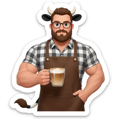 big buff man in a checkered shirt with beard in glasses with extra large fat tits with cow ears and cow tail dressed like barista in brown apron with latte in his hand sticker