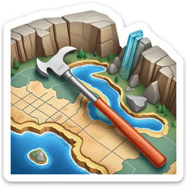 An icon featuring a crowbar and chisel, a geological map, and layers of Earth’s crust, symbolizing geology. The design includes mineral samples, fossils, and tectonic plates, representing the study of Earth’s structure and natural processes. Transparent background highlights geological exploration sticker