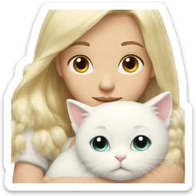 Blonde girl snuggling fluffy white cat sticker