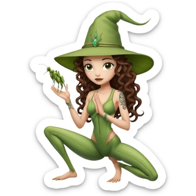 full body woman long curly brown hair brown eyes white skin tattoos muscular build praying mantis hat couture sticker
