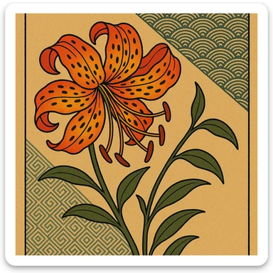 Make the old fashioned tiger lily more colorful, keep ukiyo-e Japanese print style. sticker
