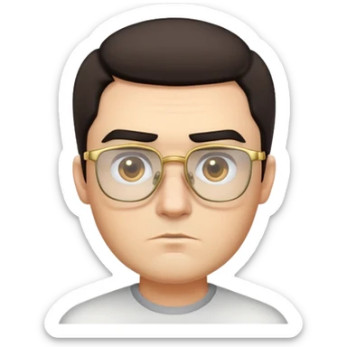 Square-faced man with thick eyebrows, short dark hair with faded sides, slight scruff, serious expression, large square gold-rimmed glasses sticker