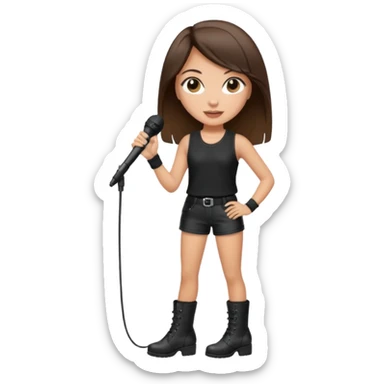 Crie uma cantora morena charmosa de shortes top e bota com microfone branca e cabelo preto Bota preta roupa preta sticker
