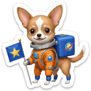 a chihuahua dog in space suit, holding blue rectangle flag, full body, front view sticker