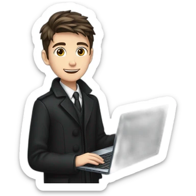 uses laptop in hands, uses laptop in hands, Blue eyes, Classy programmer, 13 years old, coat, formal outfit, pc in hands, brunette boy, black coat, all body sticker