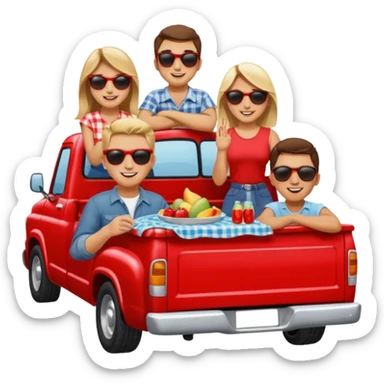 People having a picnic in the back of a red pick up truck sticker