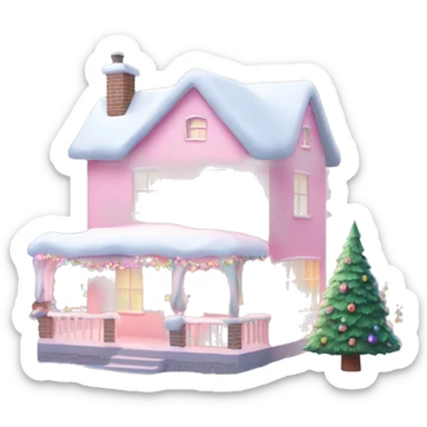 Pastel pink house with snow and Christmas lights and Christmas trees￼ sticker