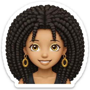Create a black chibi girl with long afro hair and beautiful gold eyes with a smile sticker