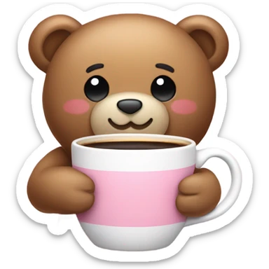 teddy bear holding mug of coffee a cute light pink bow on head sticker