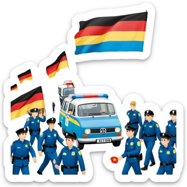 West German protest scene, 1968, young people with colorful protest signs saying 'Make Love Not War' and 'Mehr Demokratie wagen', BRD flag, flowers, police in background, lively mood sticker