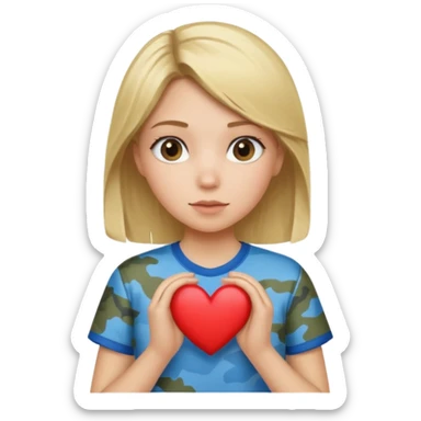 Blonde girl wearing blue shirt holding camo heart sticker