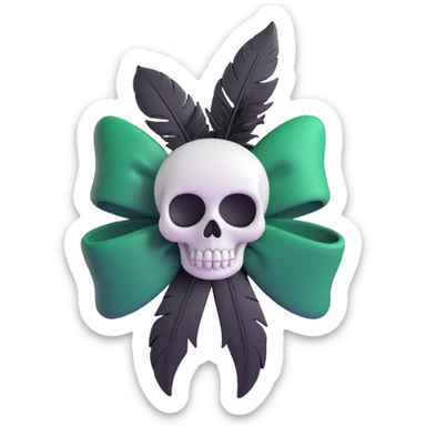 3D emoji gothic bow, dark forest green velvet, silver skull charm, and black feather accents sticker