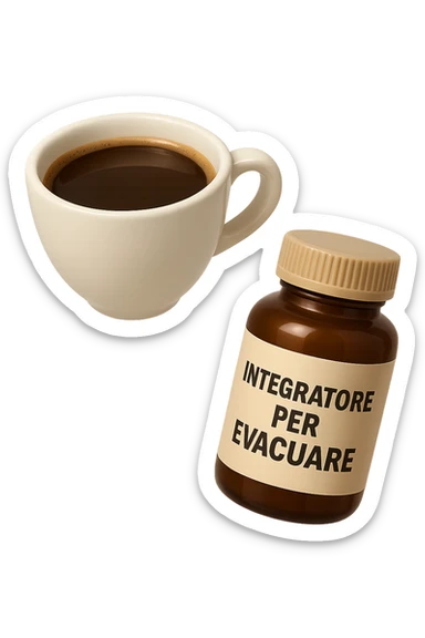 EMOJI STILE IPHONE 3D DI un caffè e di una boccetta di integratore con la scritta "INTEGRATORE PER EVACUARE" SULL'ETICHETTA CHE FLUTTUANO IN ARIA, iperrealistico 4k sticker