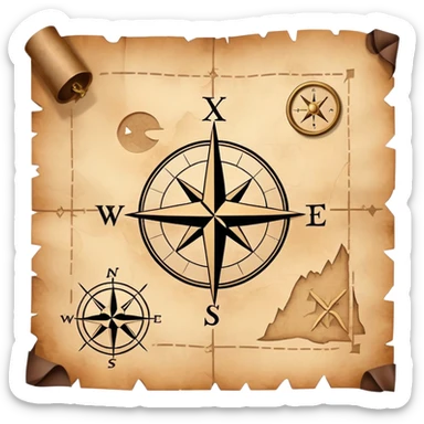 A simple treasure map with an X marking the spot, weathered edges, compass rose in the corner sticker
