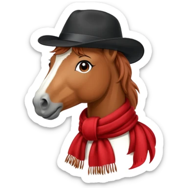 fabulous funny winter horse in a black hat cap with a red scarf sticker