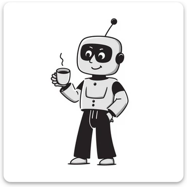A hand-drawn robot character happily holding a coffee mug sticker
