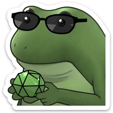 bufo with triangle shaped 8 bit sunglasses full black, confident smile, with a mini black powerful orb in his hand sticker