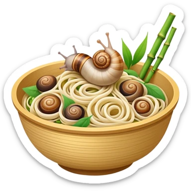 Liuzhou Snail Rice Noodles with river snails and sour bamboo, simplified emoji style with bold outlines and bright colors, cartoon style Guangxi Luosifen sticker