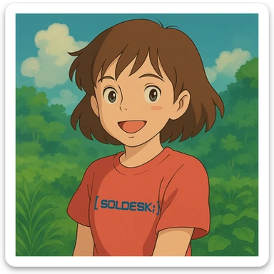 Add the SOLDESK logo to the character's shirt, keep the ghibli style, preserve the original background. sticker