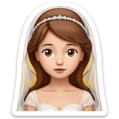 Brown-haired bride in a white wedding dress and veil, eyes looking upward with a curious expression, cute emoji style. sticker