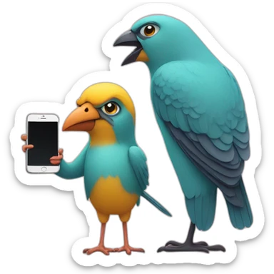 A bird with a phone in hand and with his mom scolding her sticker
