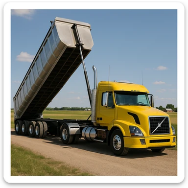 photorealistic Volvo yellow semi sleeper truck with a long silver end dump trailer, trailer raised in dumping position, side view, parked in a realistic country landscape with open fields and distant barns, sunny day sticker