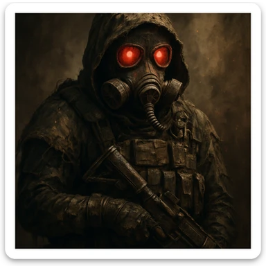 post apocalyptic soldier wearing a gas mask with glowing red eyes, gritty and detailed, dramatic lighting sticker