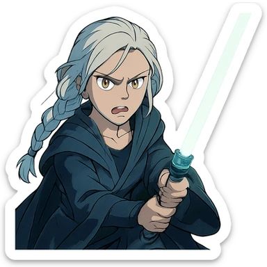  a closeup portrait of young woman with gold yellow eyes, white hair, long braid, black off-shoulder top, punk gothic style, futuristic cyberwave cyberpunk,  jedi attire and posture robes of a padawan, foreweilding a bright blue-green lightsaber, angry fierce face expression, power stance, wide angle shot sticker