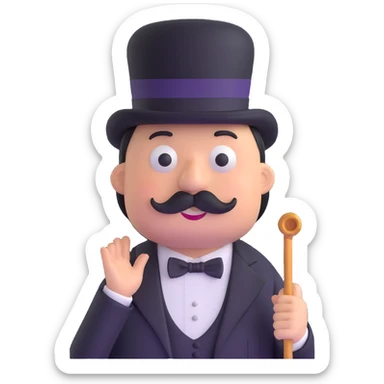 Rich Uncle Pennybags with mustache, top hat, tuxedo, and cane sticker