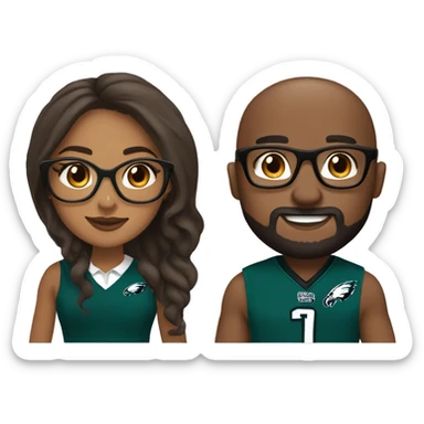 Brown skin girl wearing glasses holding hands with brown skin guy with beard wearing Philadelphia eagles clothing  sticker