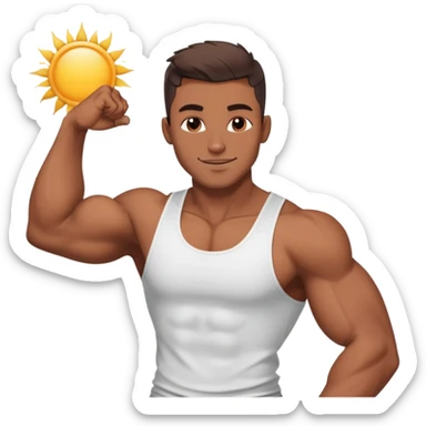 Handsome muscular boyfriend with defined abs, wearing a tank top, strong jawline, darkerr skin, charming smirk, flexing arm, sun-kissed skin, sticker