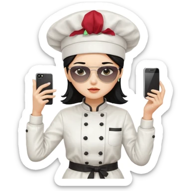 ["A sad woman with light skin, straight hair, wearing a chef hat and sunglasses, dressed in K-pop fashion, is dancing while holding a phone."] sticker