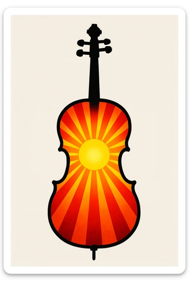 A cello silhouette filled with a radiant sunburst pattern, merging classical instrument and summer energy. sticker