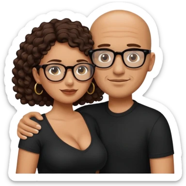 A picture of an embracing tanned couple. the man is a Mexican man with tanned skin, NO GLASSES, with a bald hair cut, short beard and wearing a black shirt. the woman is short with long curly dark brown hair and with big boobs. Put glasses on the woman.  sticker