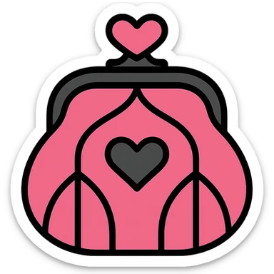 pink and black gothic coin purse, modern, clean lines, minimalistic, with a heart accent sticker