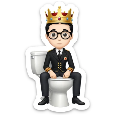 King Charles III with royal crown sitting on a toilet, wearing round glasses and black hair sticker