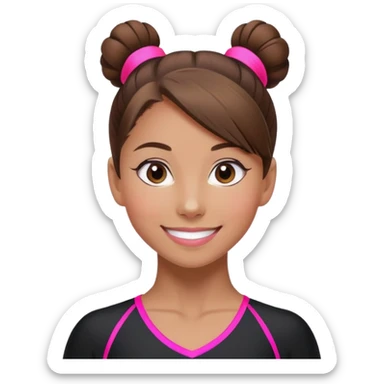Happy female gymnast with brown hair in a neat bun, wearing a black uniform with neon pink elements. sticker