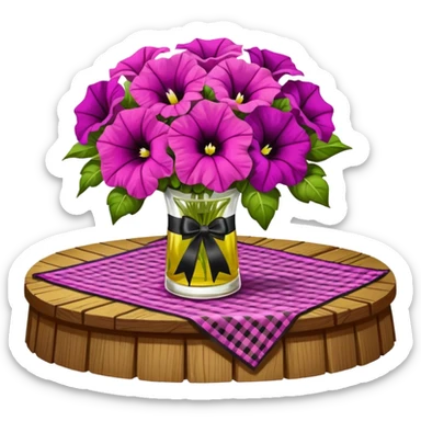 A lush bouquet of bright light margenta color petunia black satin ribbon, resting on an antique wooden table, with a pale yellow and pink plaid pattern table cloth sticker