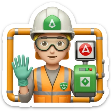 emoji-style icon of industrial worker in PPE helmet goggles gloves next to press machine with green shield symbol safety barriers subtle warning signs warning and stop signs clean clear modern look yellow orange gray green colors sticker