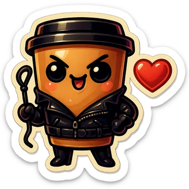 Tall coffee cup, dressed in leather holding a whipping crop, mischevious, heart sticker