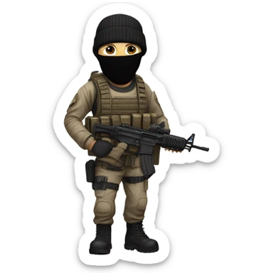White male, call of duty black mask, camo tactical gear, tan combat boots, black beanie, blue eyes sticker