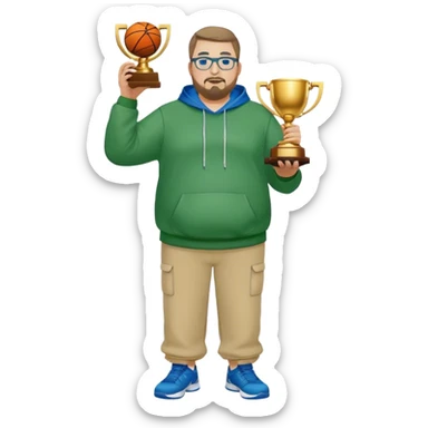  full body white obese male basketball coach with trophy. Goatee , Wearing glasses and blue and green hoodie and khaki pants sticker