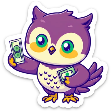 cute owl character symbolizing wealth luck, large green eyes, sparkling golden feathers, holding a money pouch in its feet, pastel tones, charming sticker style sticker