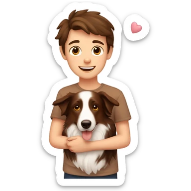 boy with brown hair holding a tan border collie with love hearts around them  sticker