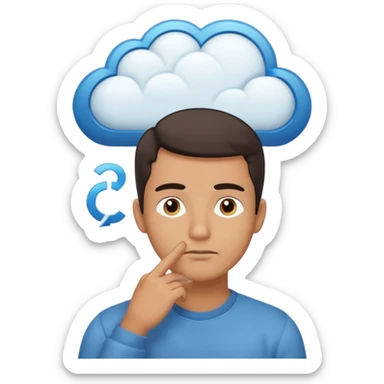 Casually dressed man with one hand on his chin, eyebrows slightly furrowed. A thinking cloud floats above his head containing a critical-thinking symbol (like a question mark, magnifying glass, or logic icon). Realistic emoji aesthetic, clean-shaven, soft neutral background sticker